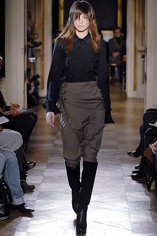 black silk blouse gray skirt