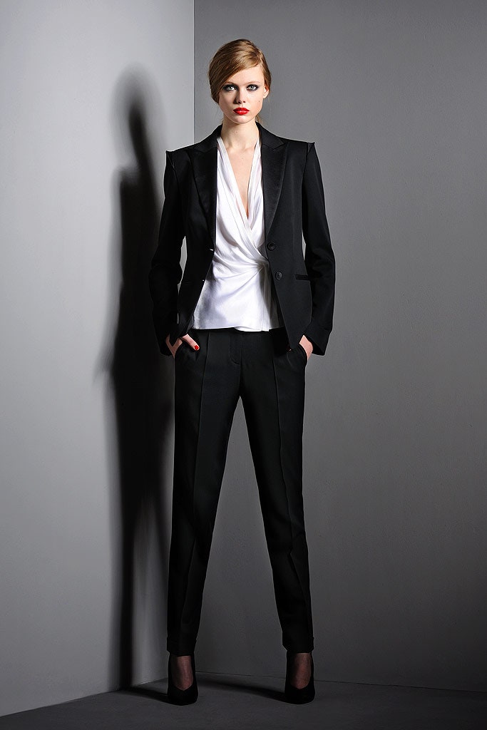 black tailored blazer with white top