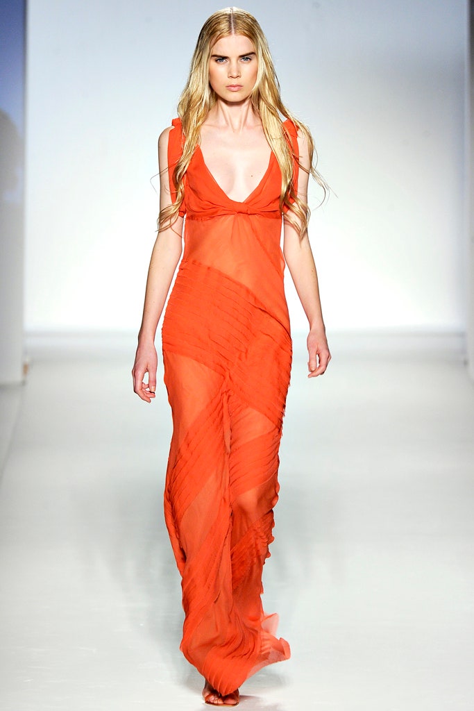fitted orange chiffon gown