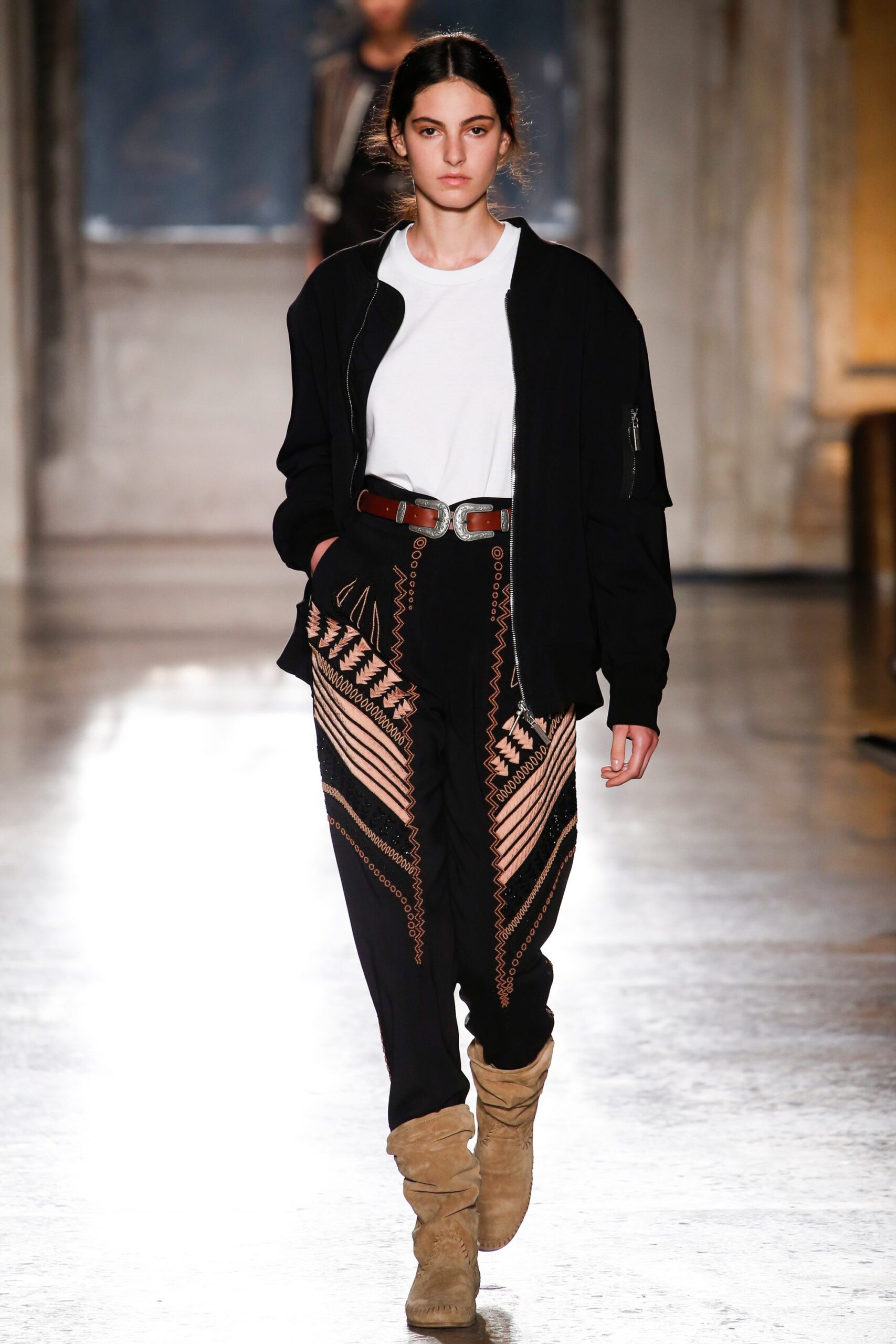 black jacket white t-shirt embroidered pants