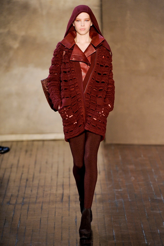 red wool long-sleeve hooded relaxed layered coat