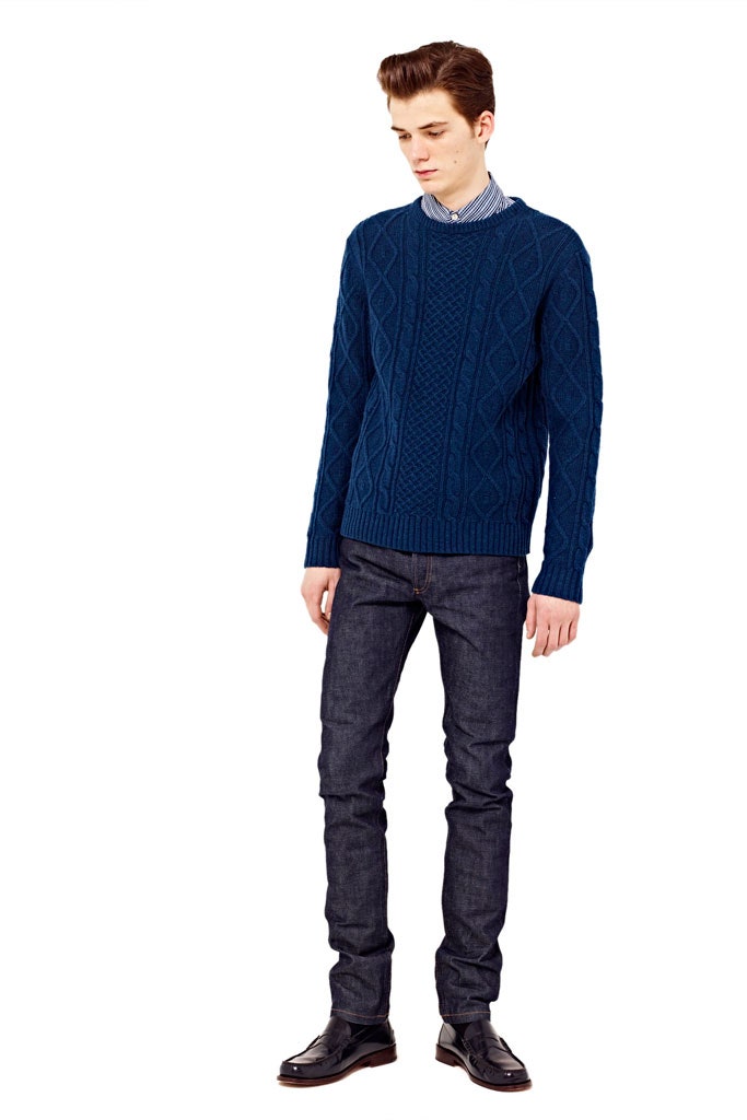 blue wool long-sleeve collared fitted textured sweater
