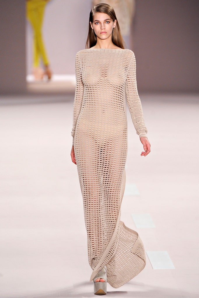 beige fitted knit maxi dress