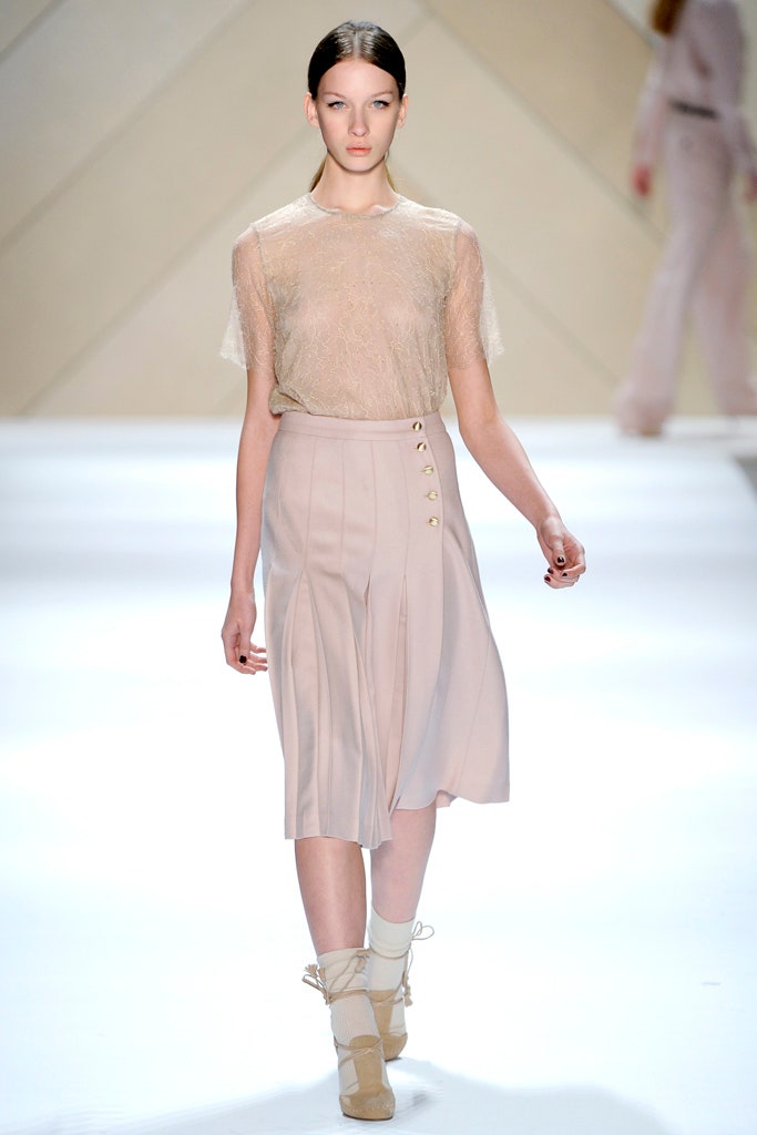 beige silk fitted high-waisted pleated buttoned midi skirt