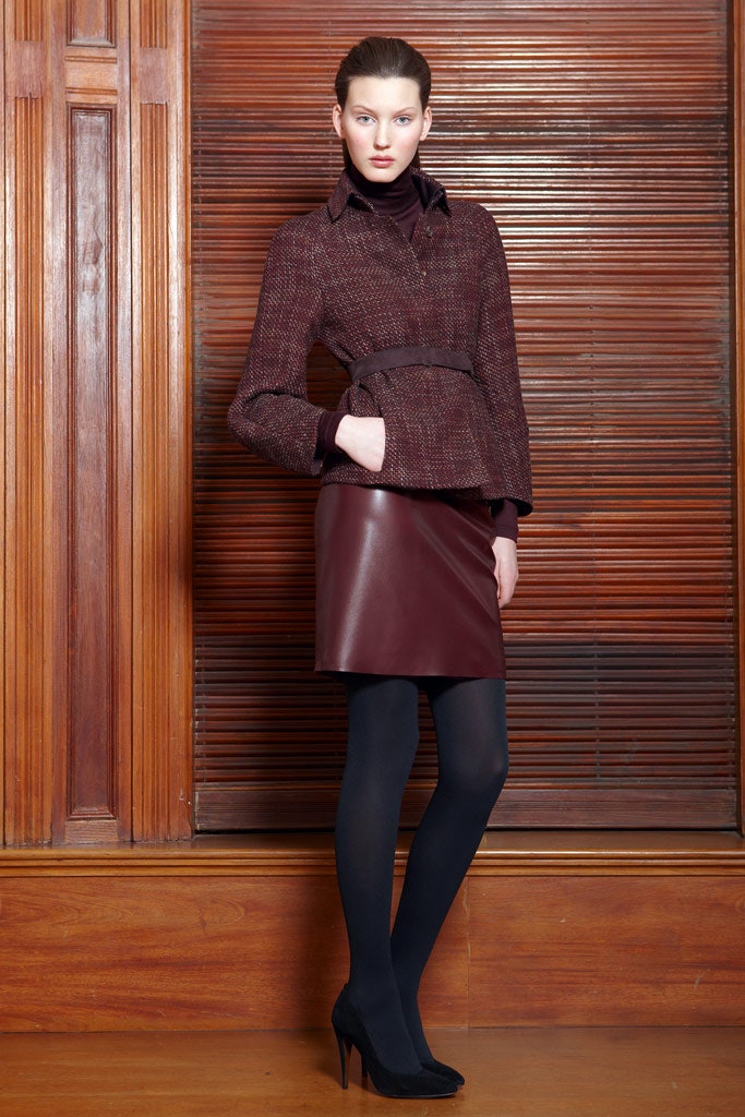 tailored red tweed jacket and leather skirt