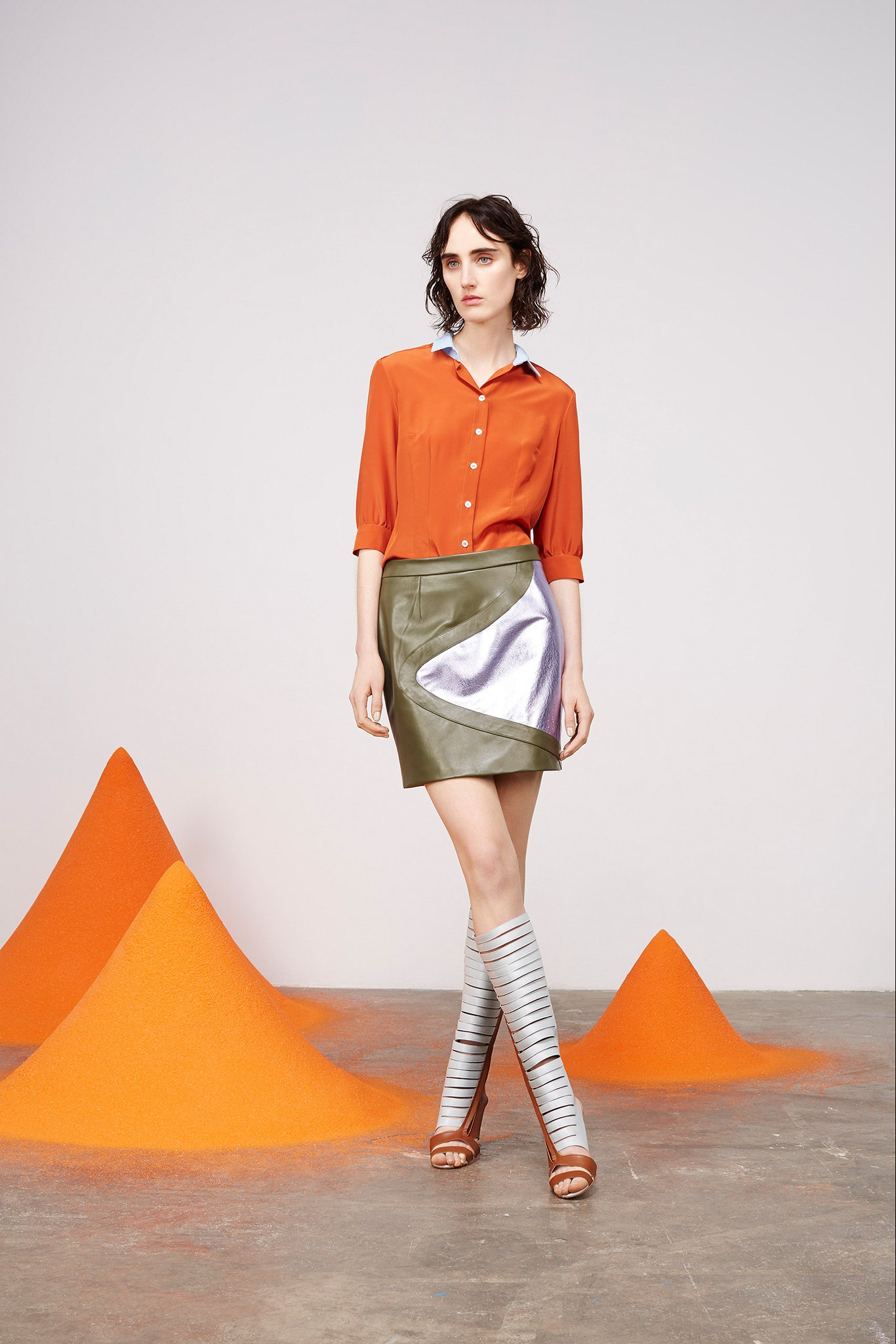 orange fitted shirt with asymmetric skirt