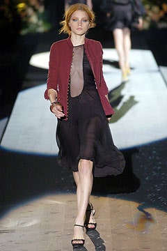 black silk midi dress with red jacket