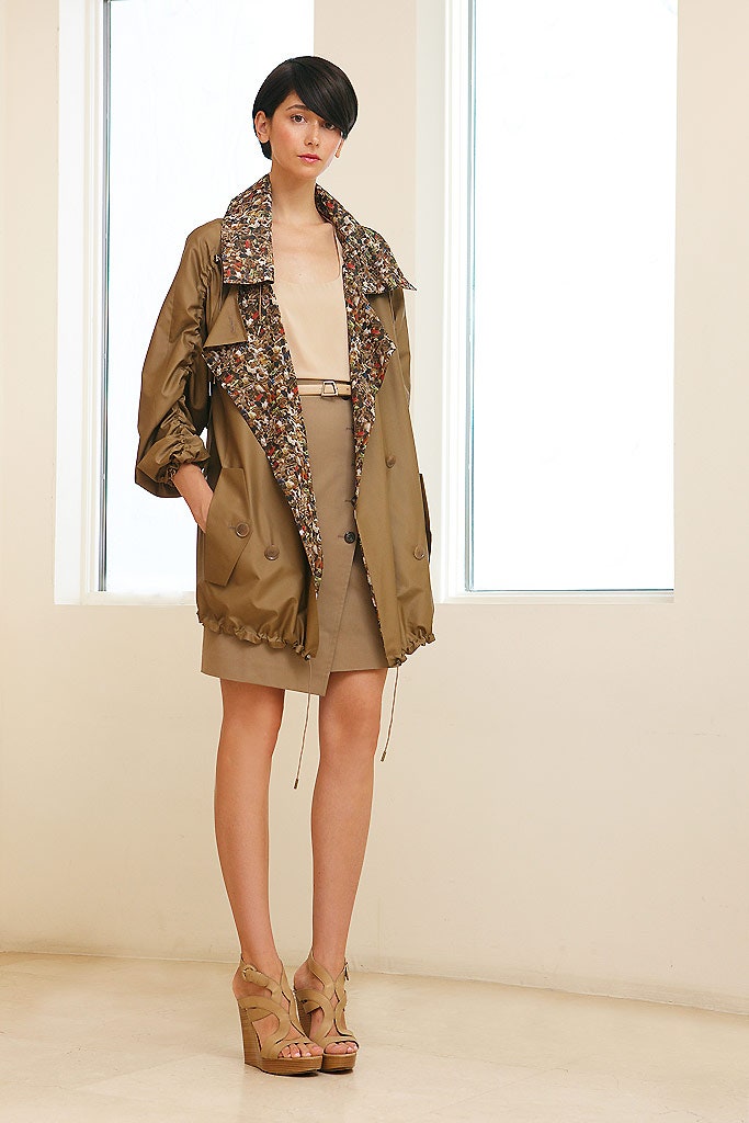 brown silk coat with floral detail