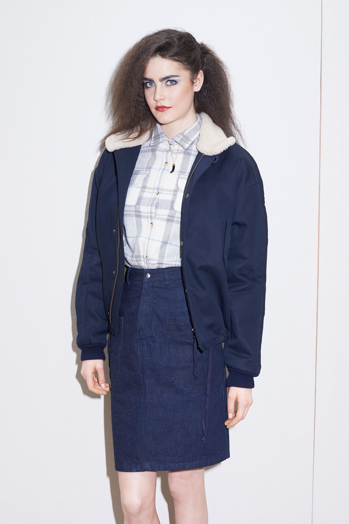 blue cotton long-sleeve relaxed zippered jacket
