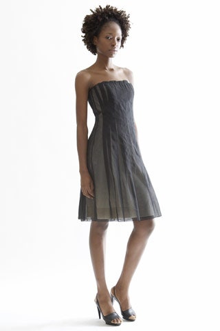 black strapless pleated dress