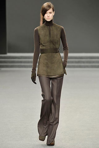 brown suede fitted top with flared pants