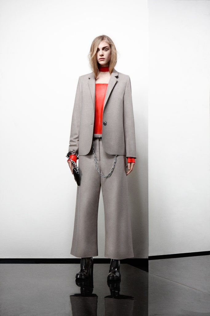 gray tailored blazer with red top