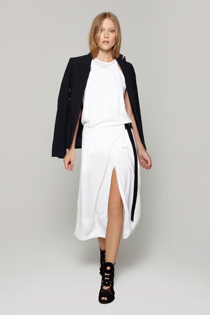 white midi dress with black jacket