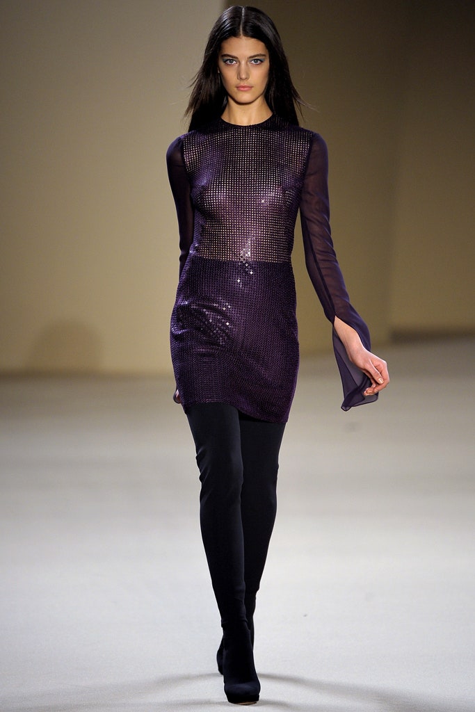 purple sequin long-sleeve v-neck fitted ruched shiny dress