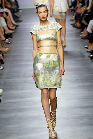fitted green and white silk dress