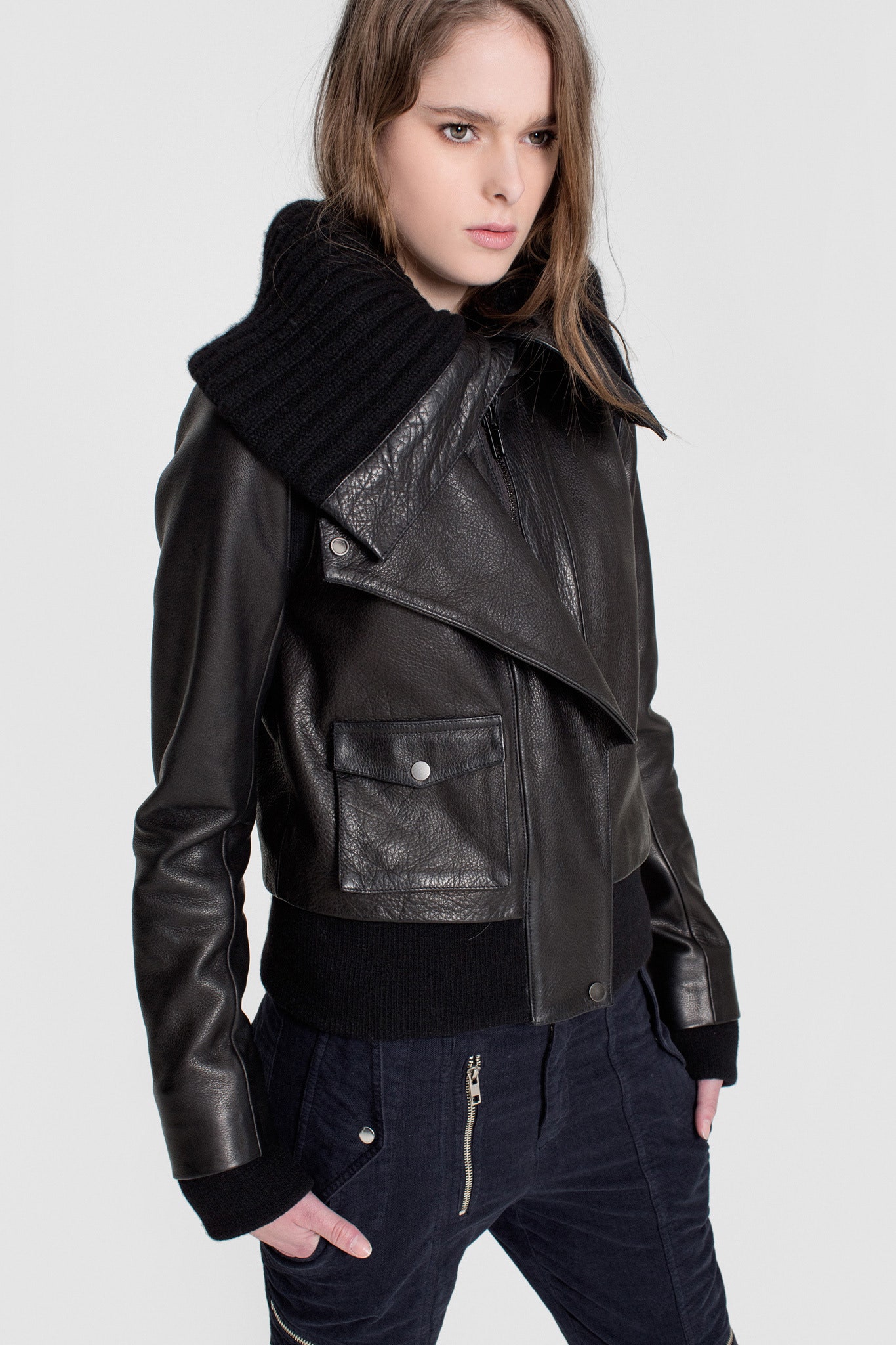 black leather fitted jacket and pants