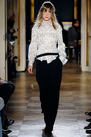 fitted white multi blouse with tailored black pants