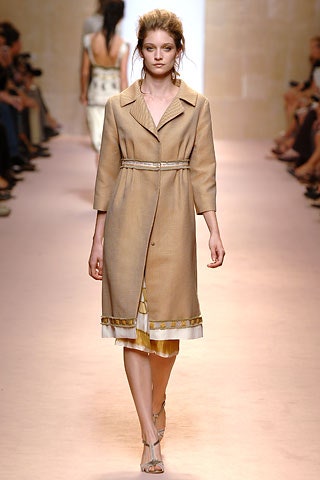 beige wool tailored coat and white silk dress