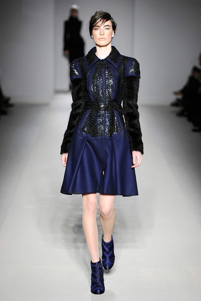 blue silk long-sleeve collared fitted pleated zippered dress