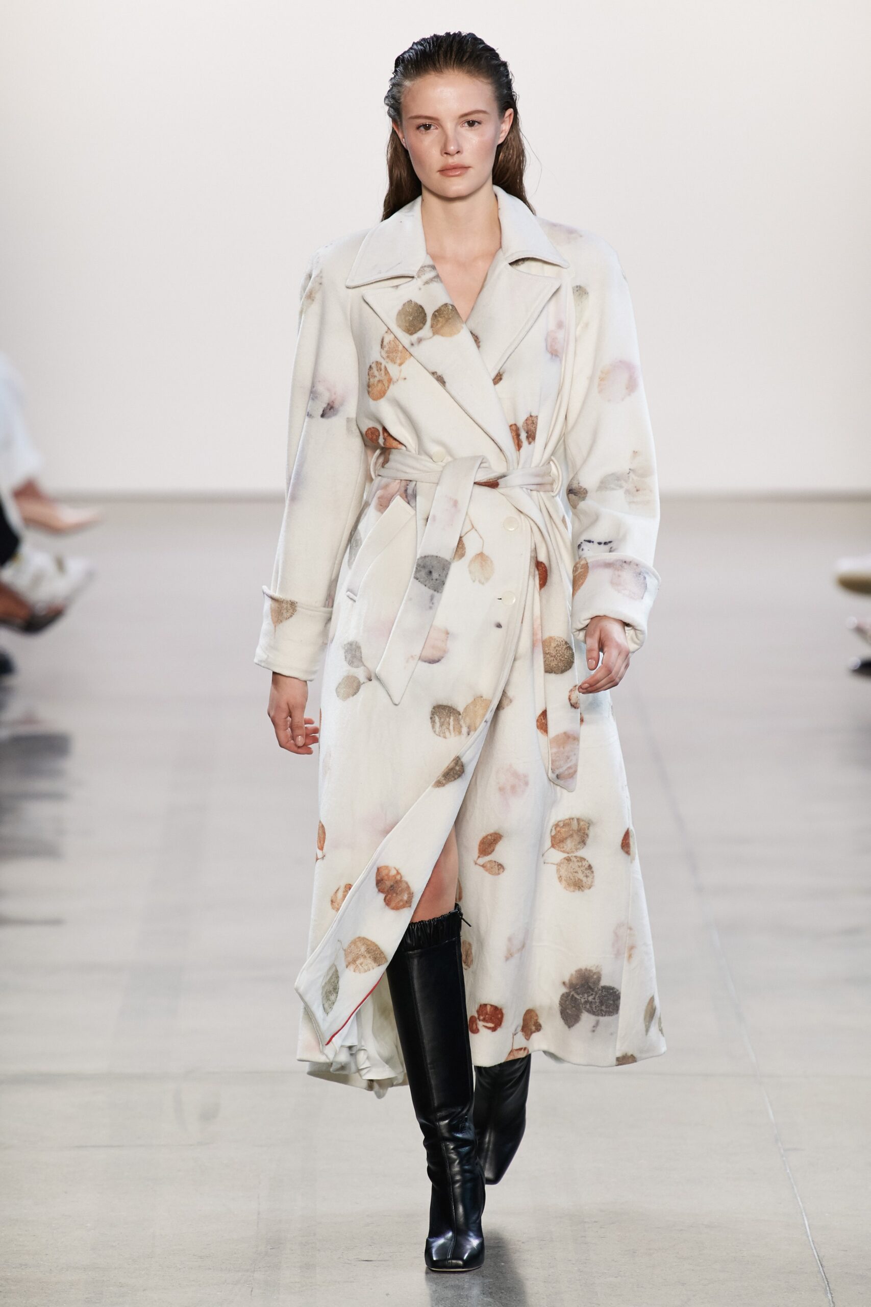 printed midi trench coat with black boots