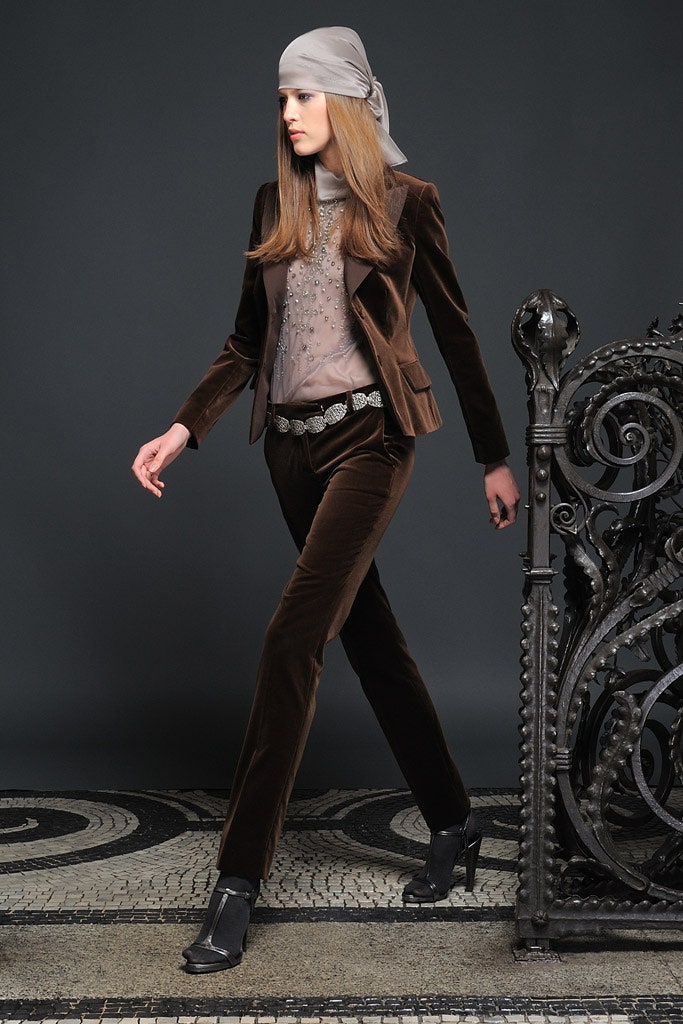 gray silk long-sleeve high-neck fitted beaded top