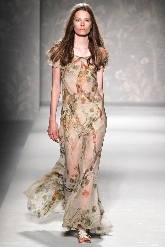 beige multi-colored flowing gown