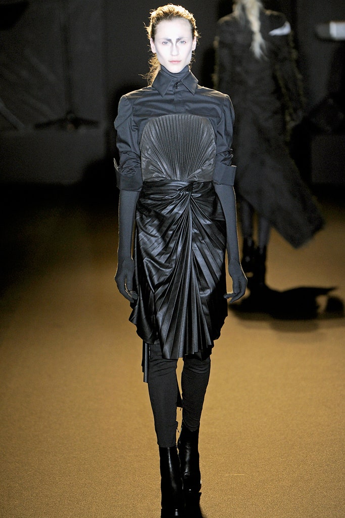 black pleated midi dress with fitted pants