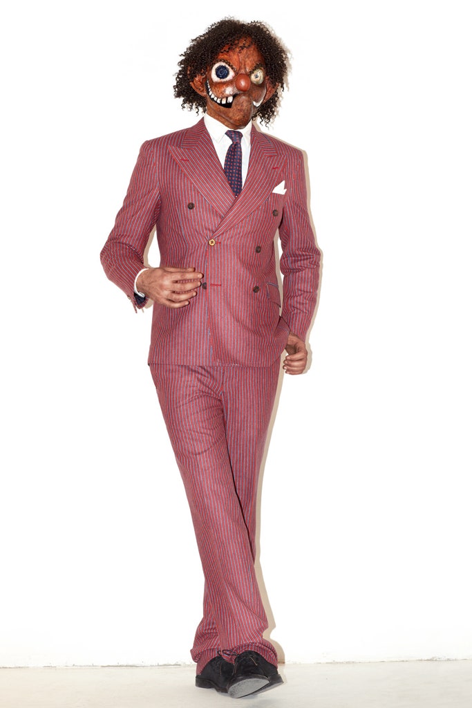 red and blue striped suit