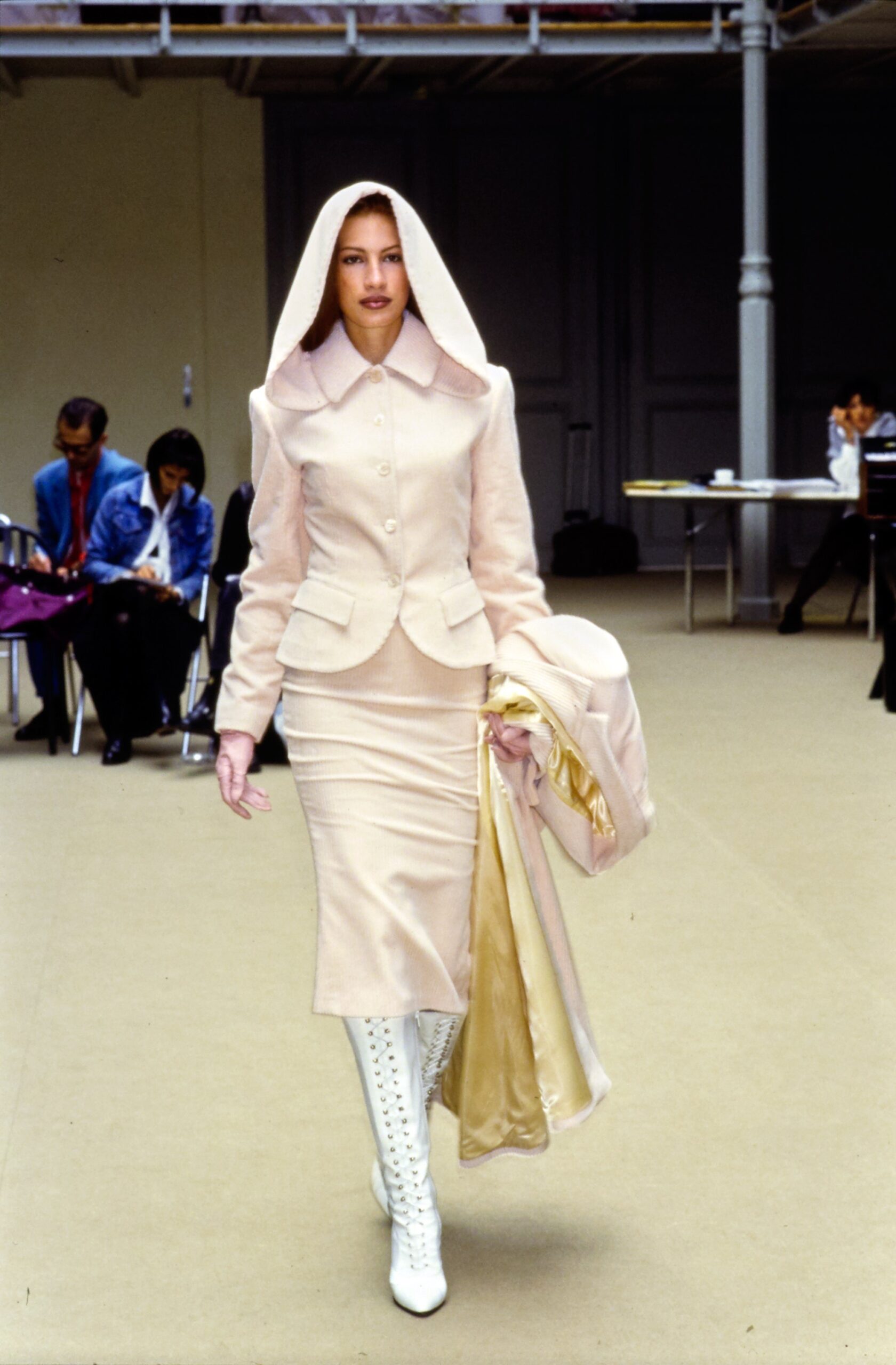 beige silk fitted skirt and blazer