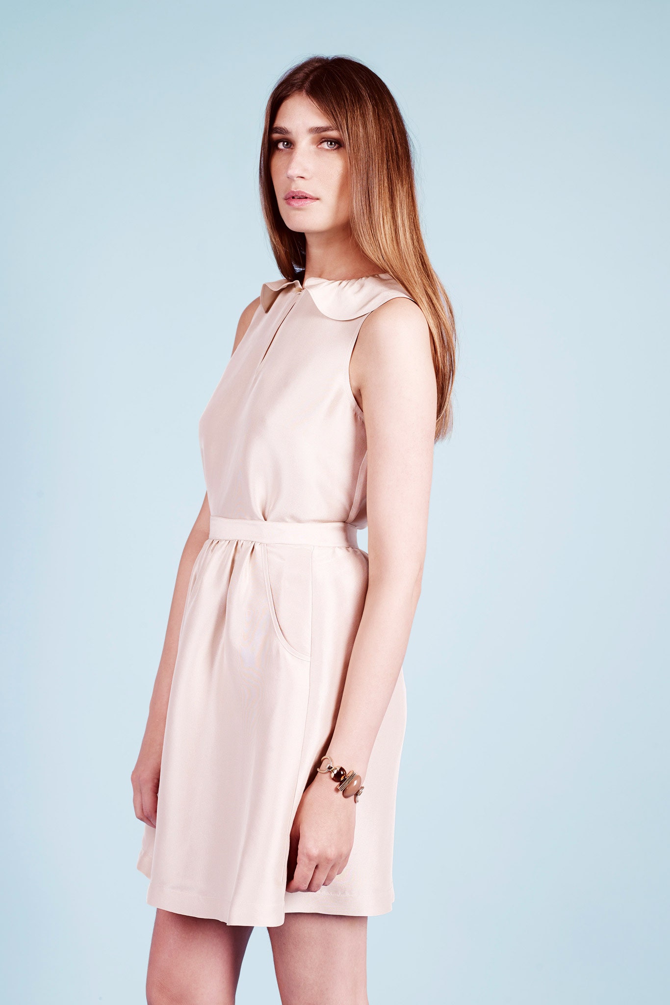 beige silk sleeveless dress