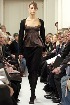 brown silk fitted top with black pencil skirt