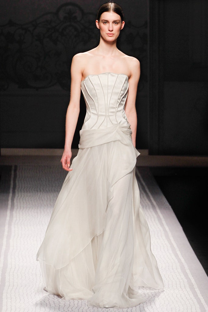 white silk strapless gown
