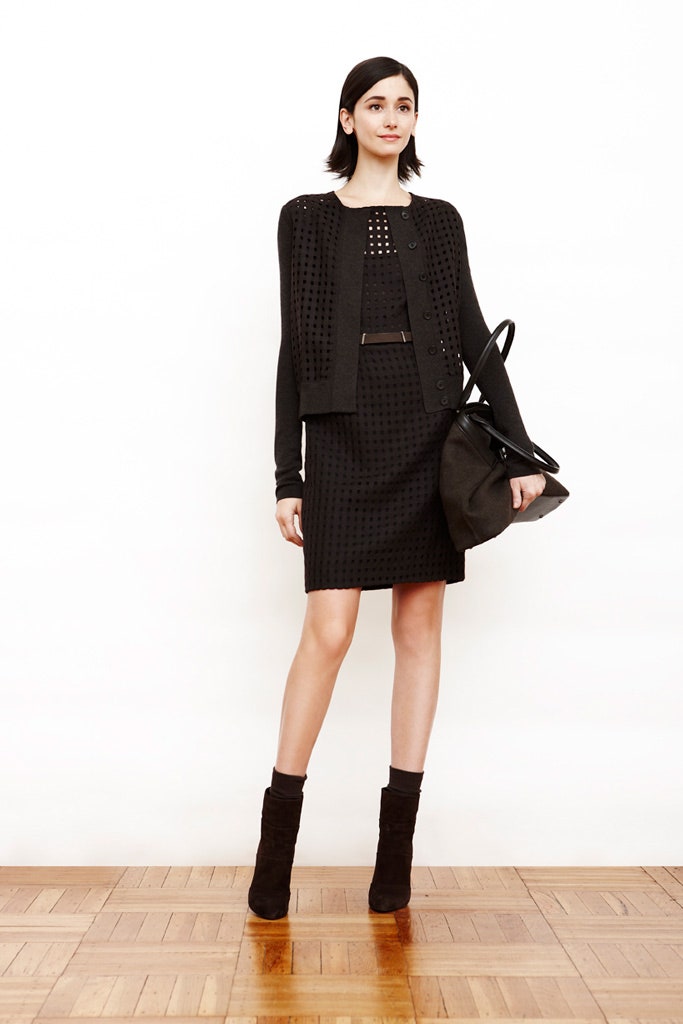 black fitted dress with cardigan