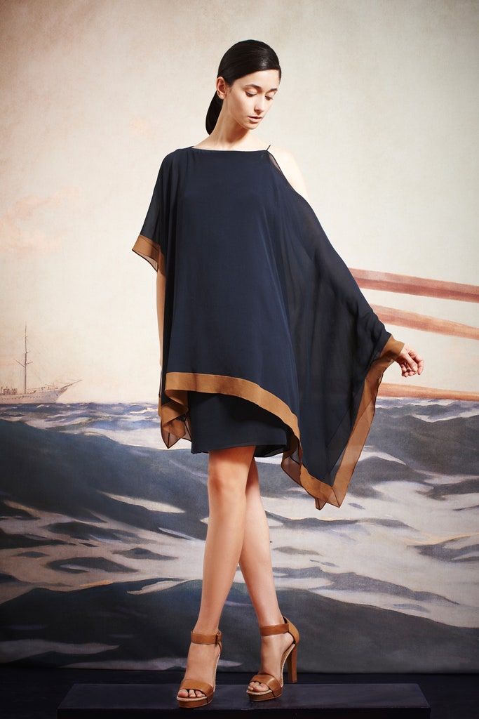 navy chiffon off-shoulder dress