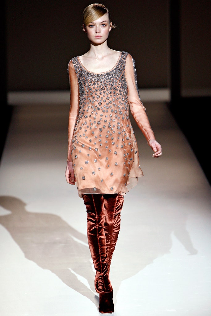 peach embellished mini dress with brown boots
