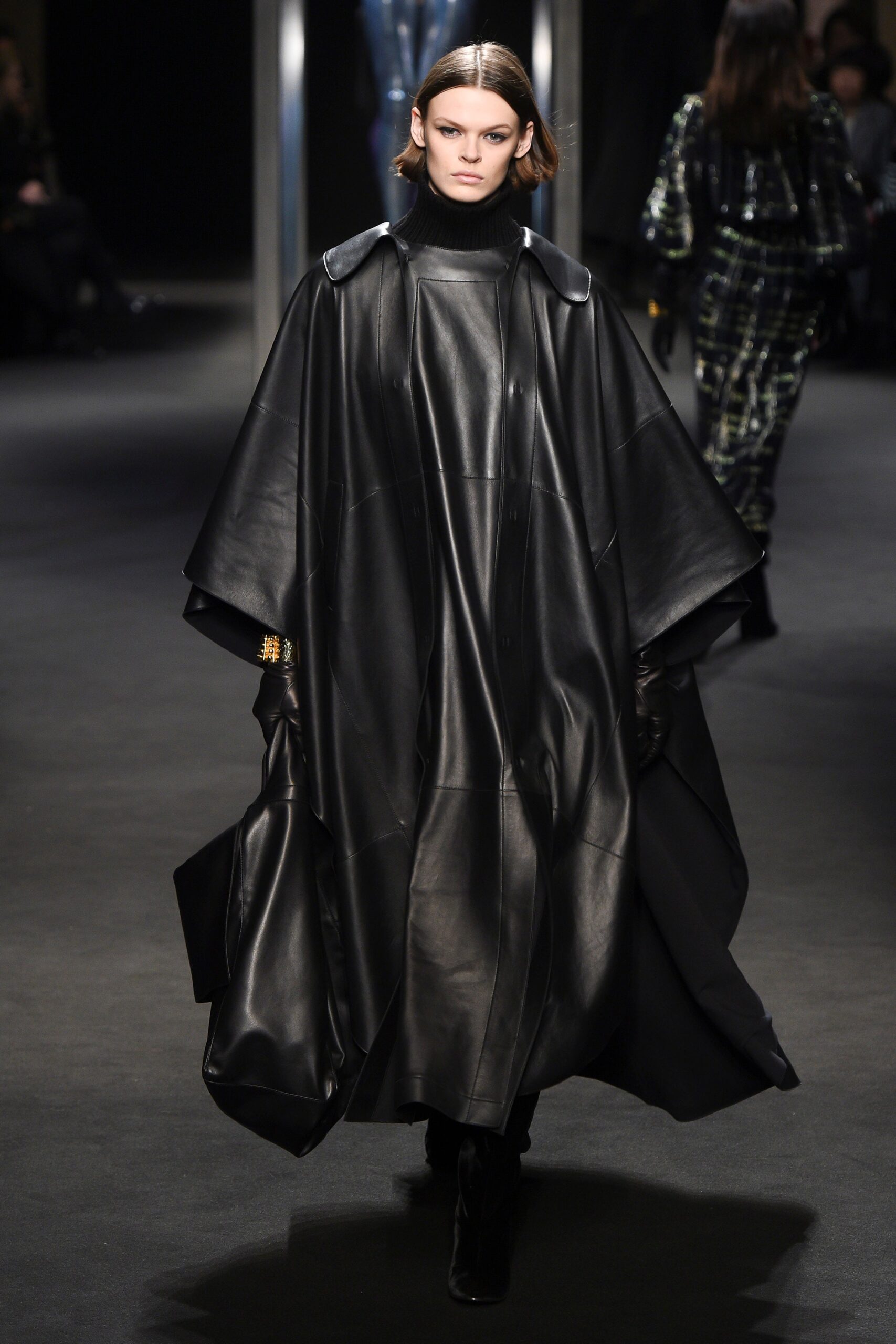 black leather oversized coat