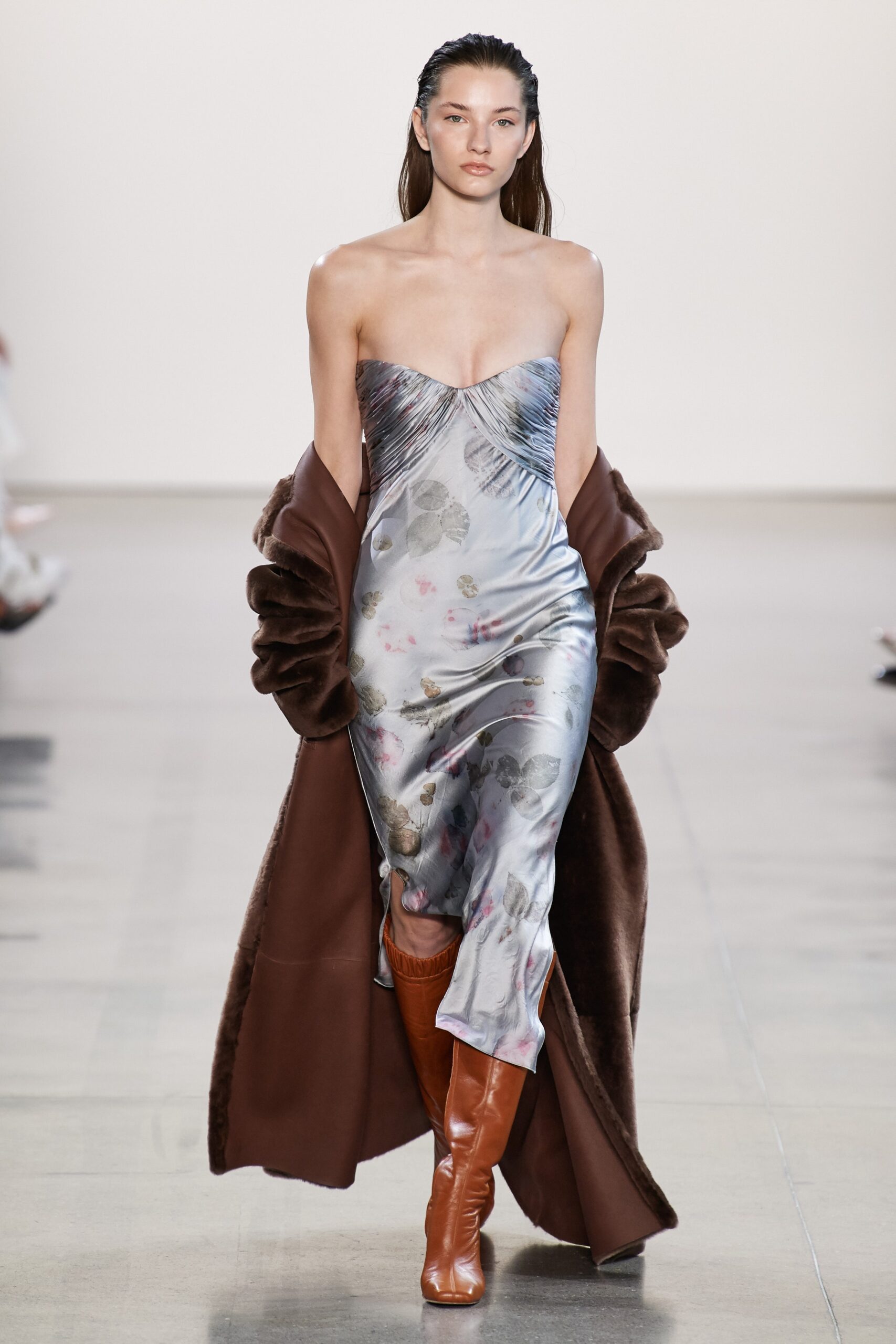 blue silk midi dress with brown coat