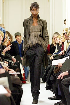 brown suede coat gray silk top black tailored pants