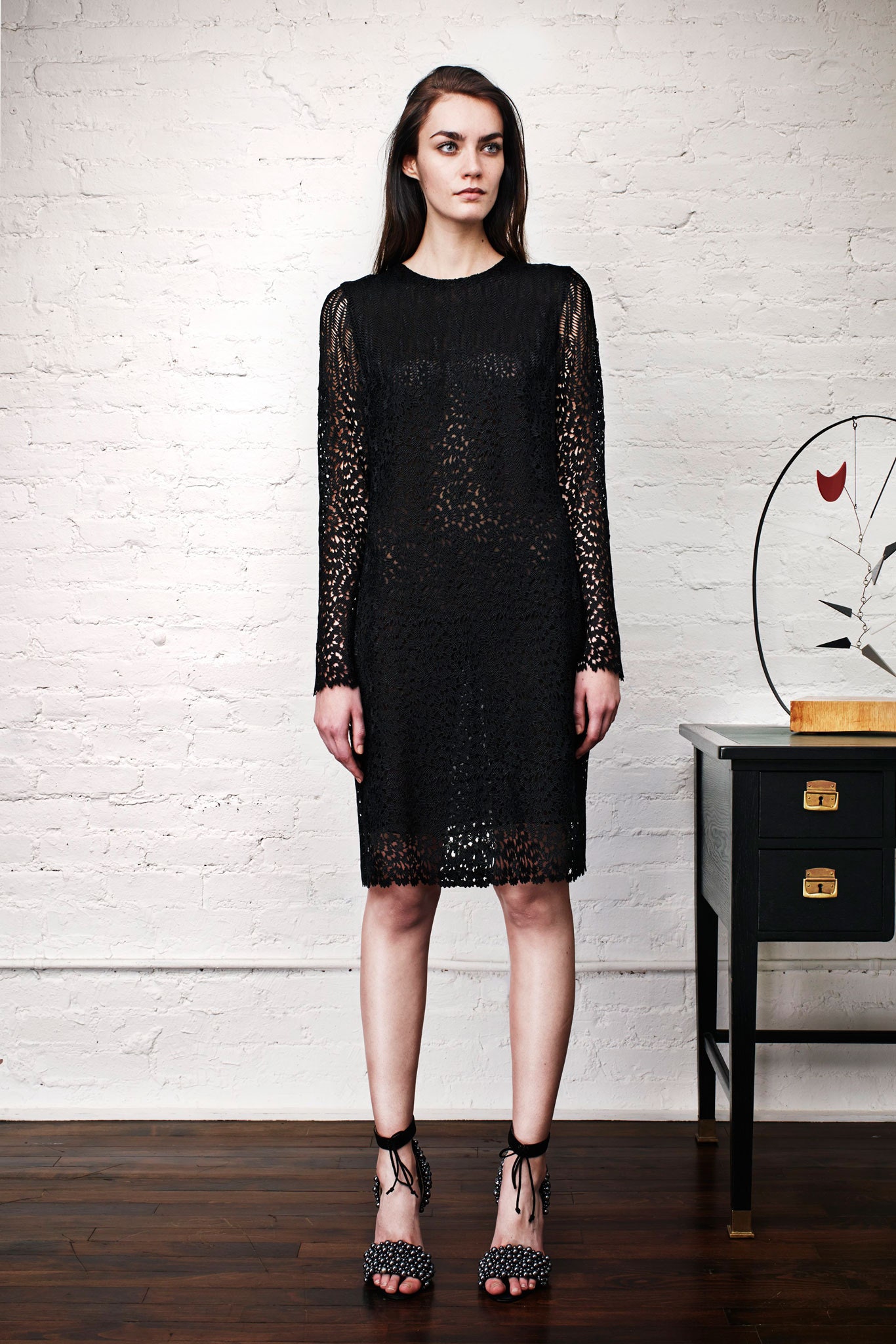 black lace long-sleeve scoop-neck fitted straight-leg dress