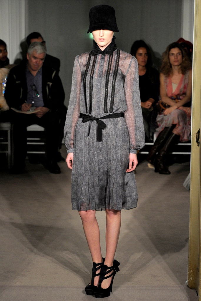 gray silk pleated dress with hat