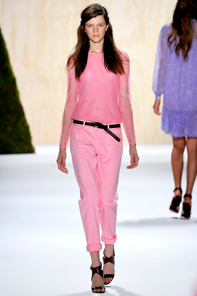 pink lace long-sleeve collared fitted textured top