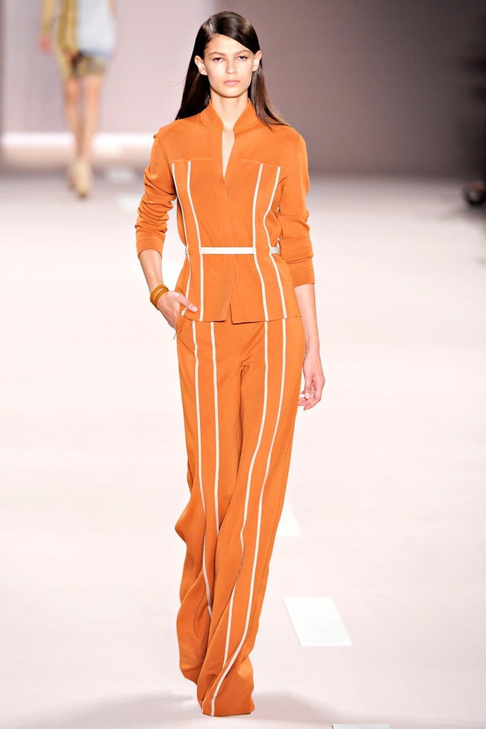 orange fitted suit with stripes