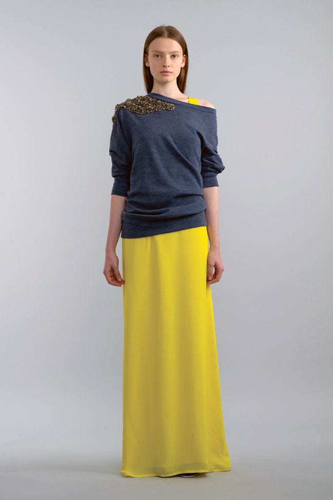 blue cotton long-sleeve off-shoulder relaxed embellished top