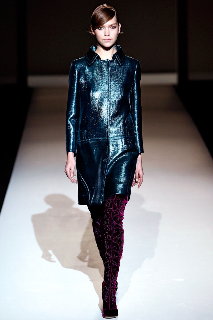 blue vinyl fitted coat with purple velvet boots