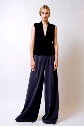 black fitted top with gray wide-leg pants