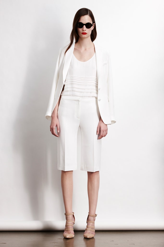 white tailored blazer and shorts