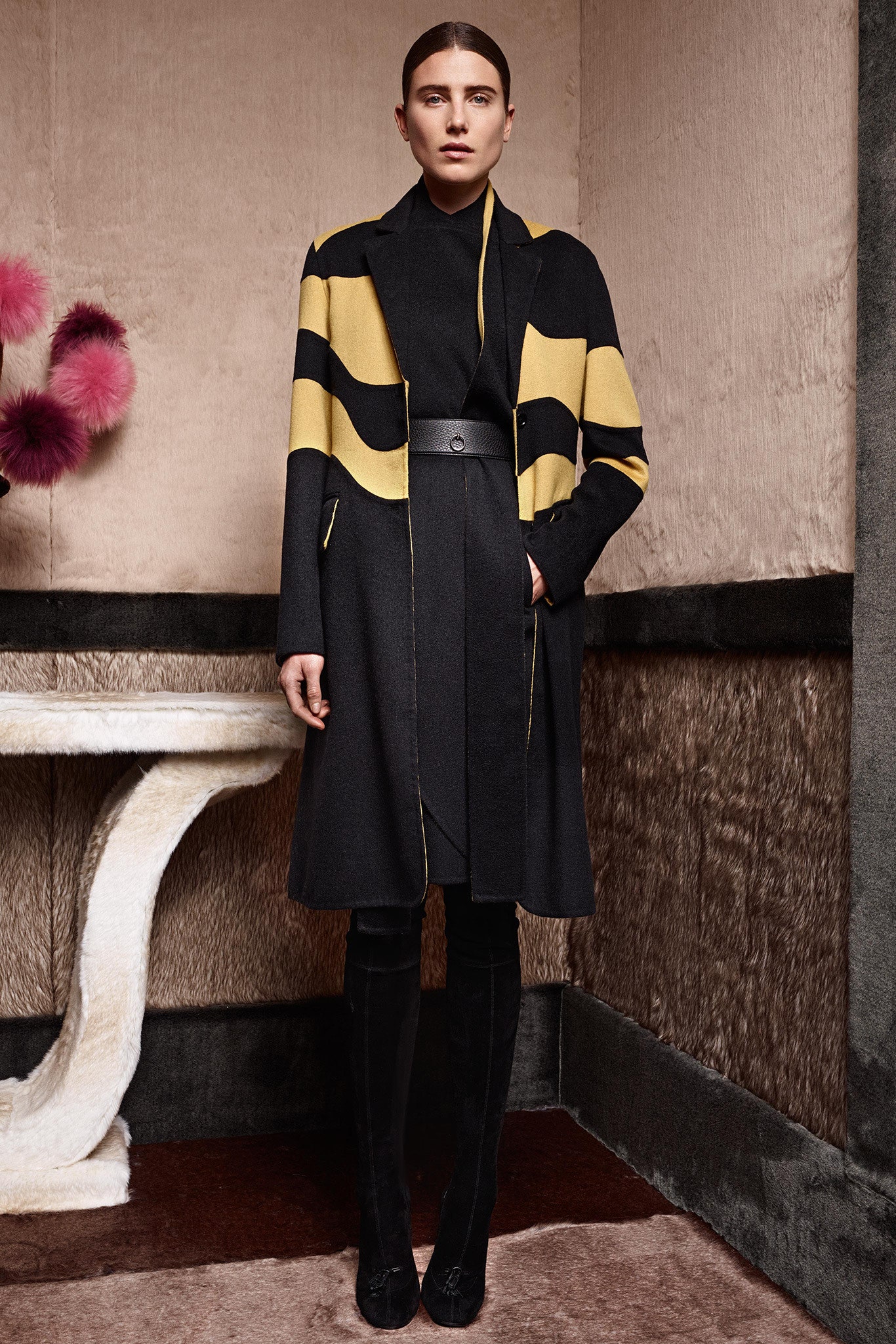 black and yellow wool coat