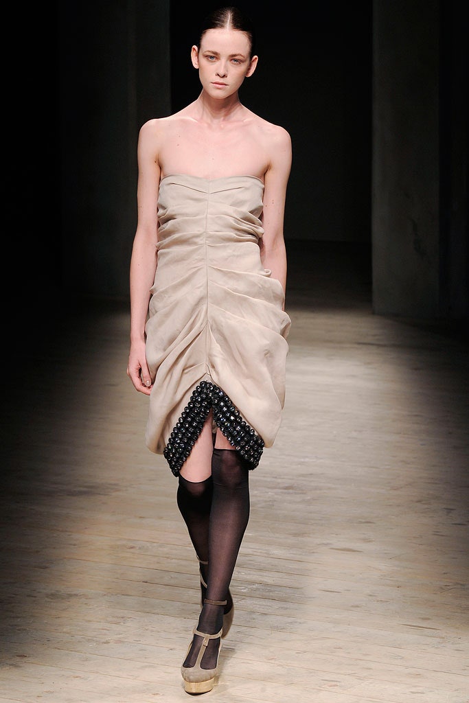 beige silk strapless mini dress