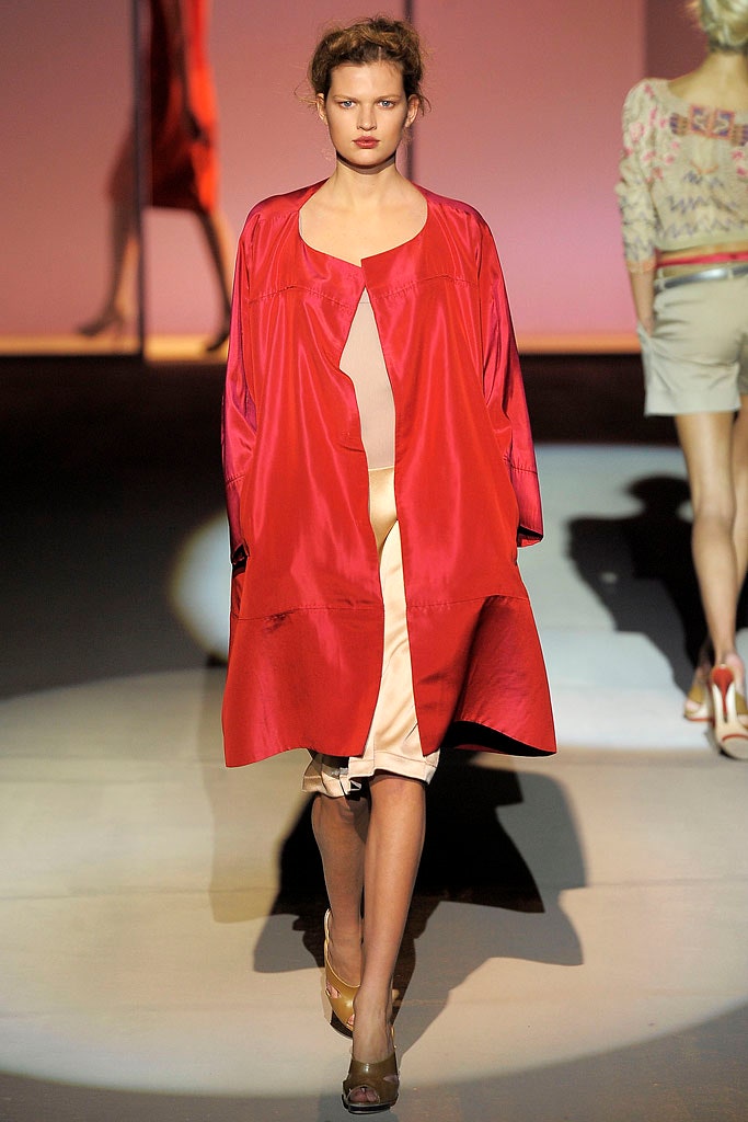 red silk coat and beige dress