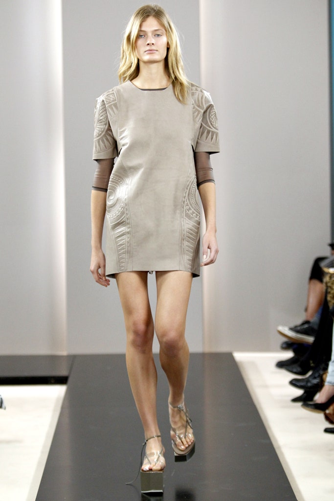 beige leather fitted mini dress
